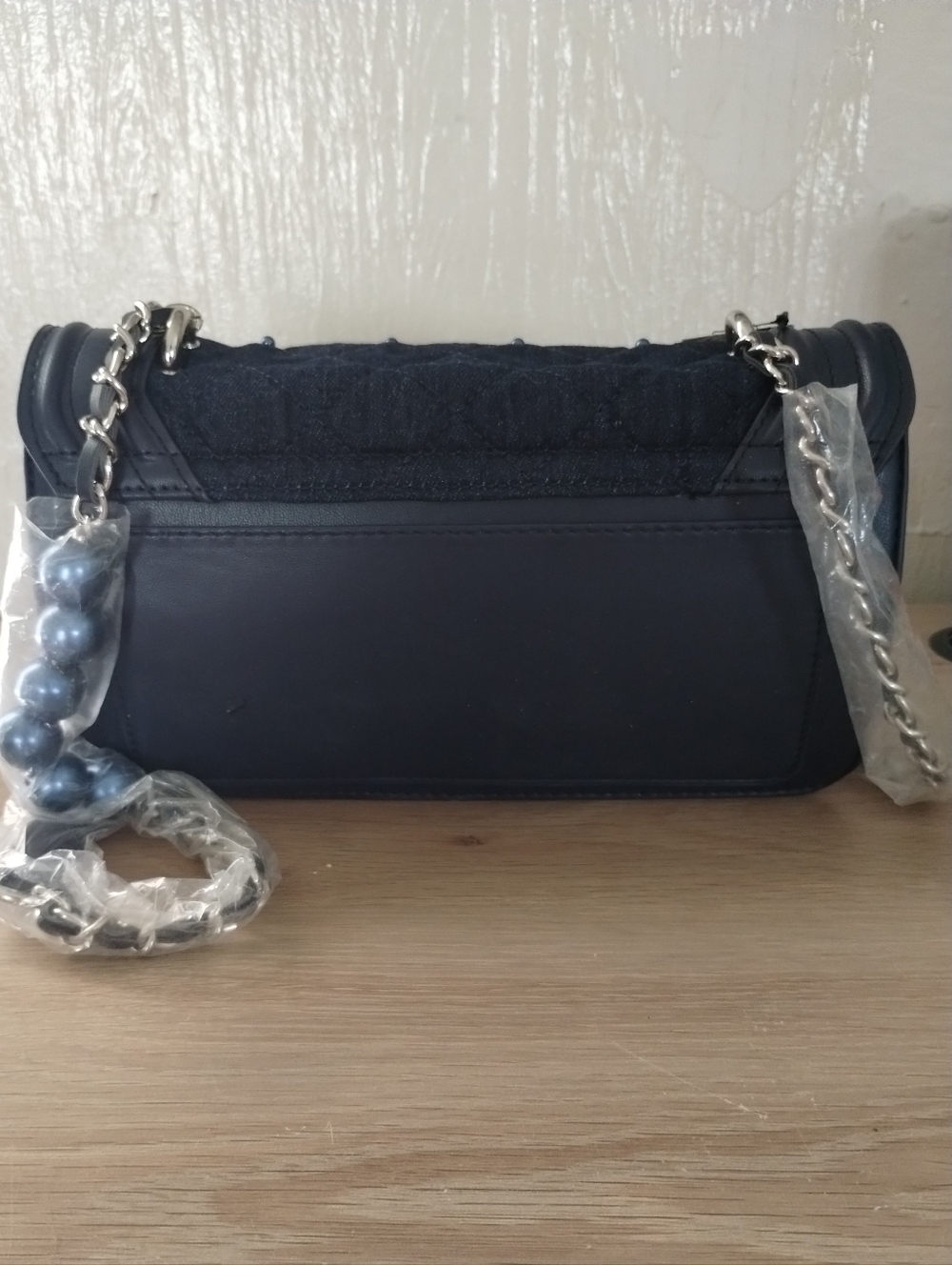 Badgley Mischka Denim Diamond Quilted Crossbody With Pearl Accents - Picture 3 of 9